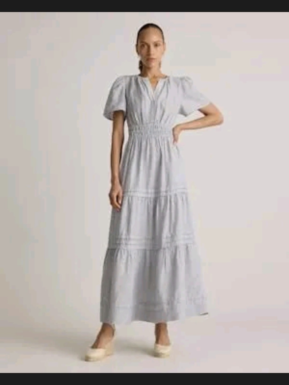 Quince Light Blue Tiered Maxi Dress with Puff Sleeves